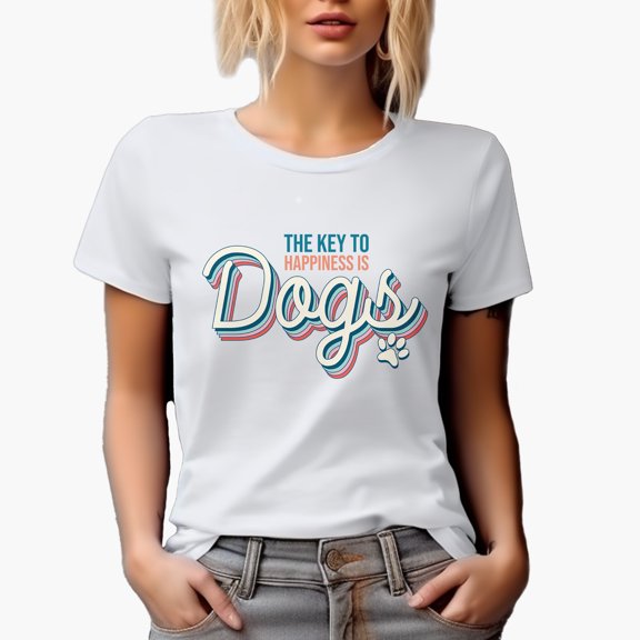 The Key to Happiness Is Dogs Quote with Paw Art Merch Gift, White T-Shirt, Small