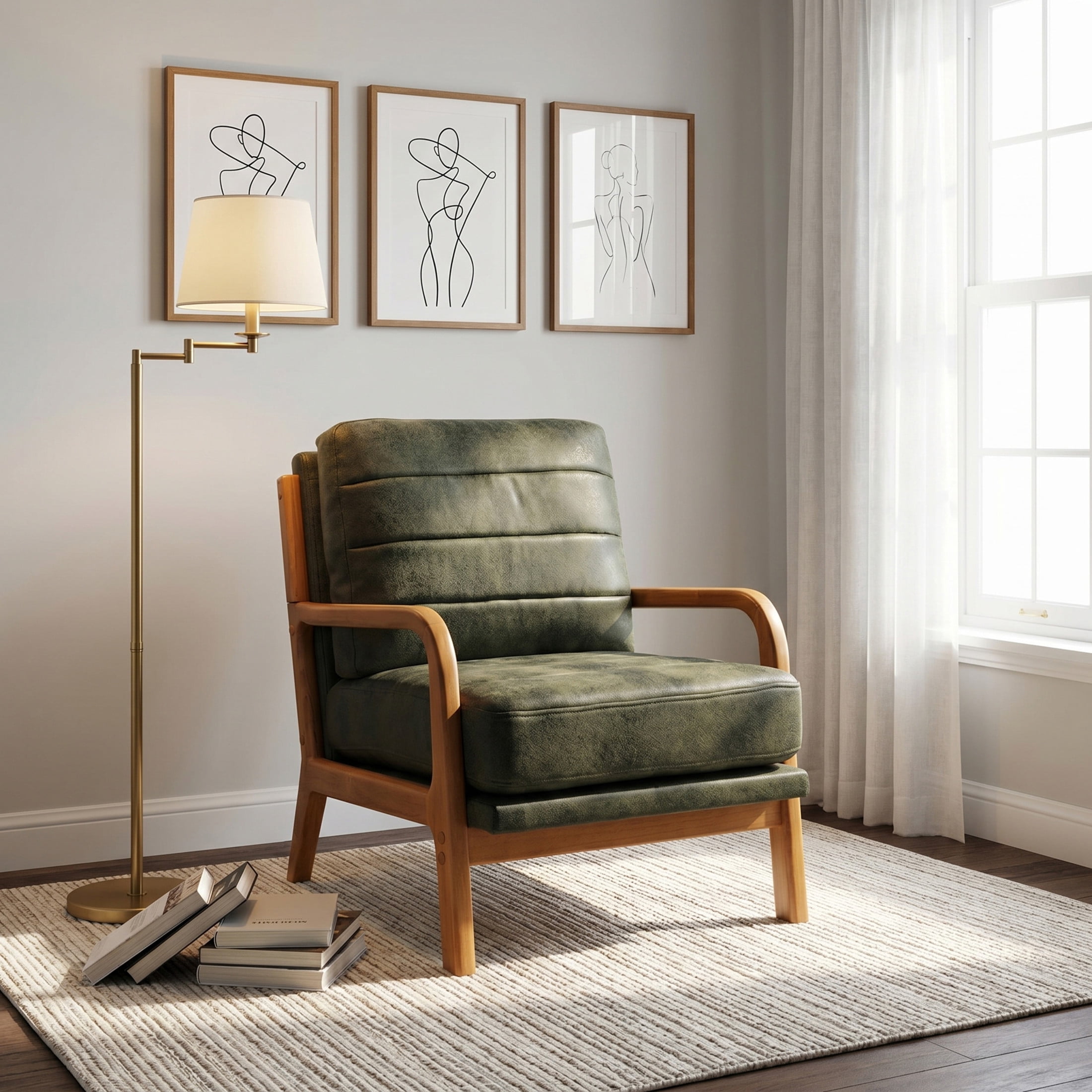 Noble House Mid-Century Modern Foil Fabric Upholstered Accent Chair, Solid Wood Frame, Olive Green