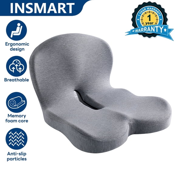 INSMART Ergonomic Seat Cushion with Lumbar Support - Gel Memory Foam Pillow for Office Chair, Car & Wheelchair, Light Gray