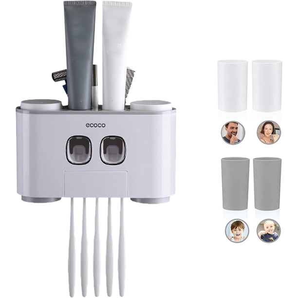 Elementos esenciales innovadores para el baño, dispensador automático de pasta de dientes con soporte para cepillos de dientes montado en la pared, diseño multifuncional para uso familiar (gris)