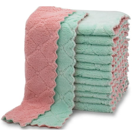 

12 Pack Kitchen Cloth Dish Towels Premium Dishcloths Super Absorbent Coral Velvet Dishtowels Nonstick Oil Washable Fast Drying (Pink-Green)