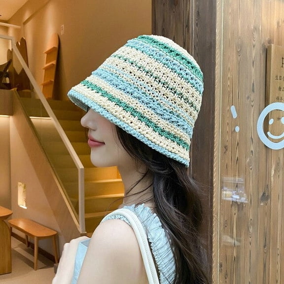 SikaFu Handmade Crochet Striped Bucket Hat For Women Hollow Knitted Cotton Panama Lovely Rainbow Fisherman Hats Summer Holiday Sun Caps