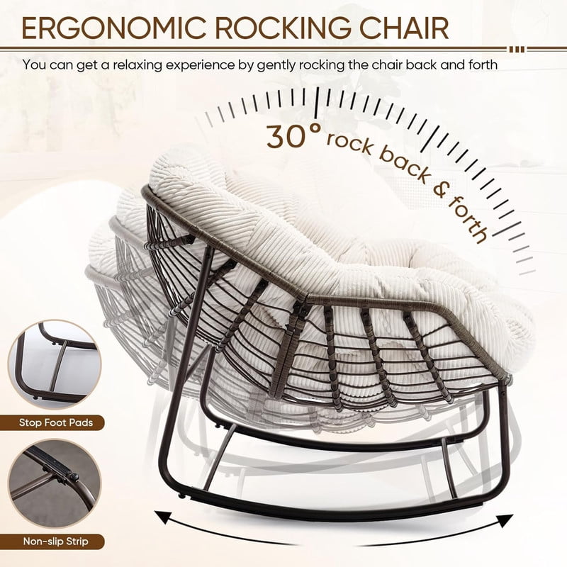 Outdoor Rattan Rocking Chair, Rocking Papasan Chair with Thick Cushion, Comfy Wicker Egg Chairs Lounge Recliner Chair, Padded Cushion Rocker