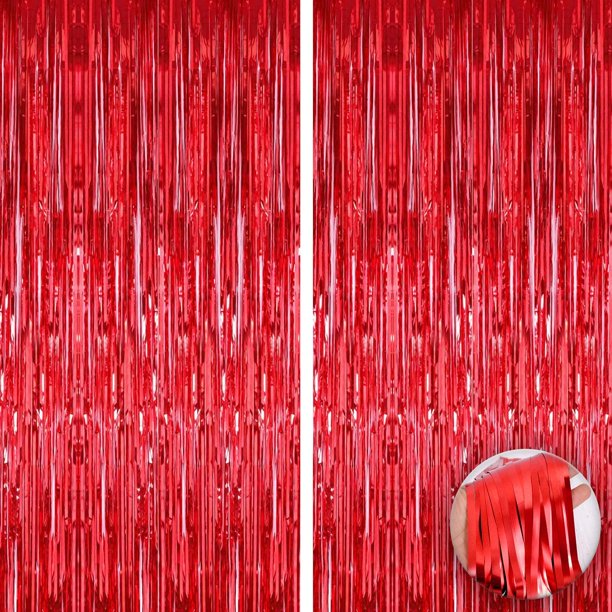 Red Foil Curtain Backdrop 3x8 Feet, Pack of 2 Metallic Red Fringe