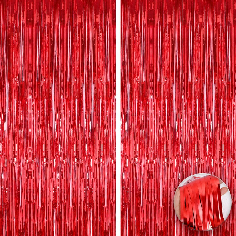 Red Foil Curtain Backdrop - 3x8 Feet, Pack of 2, Metallic Red Fringe  Curtain Backdrop, Red Foil Fringe Curtain