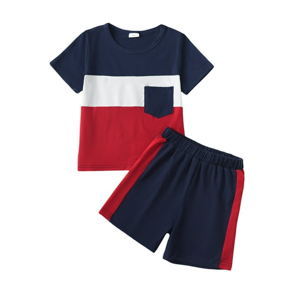 4T Baby Boys Clothes 4T Boys 2PCS Summer Outfits Set Round Neck Toddler Boys Short Sleeve Patchwork Top Shorts Set Blue