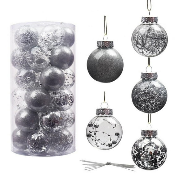 30Pcs Glitter Clear Christmas Balls Plastic Shatterproof Xmas Balls Baubles Set with Delicate Stuffed Xmas Tree Ornaments(Silver, 2.36")