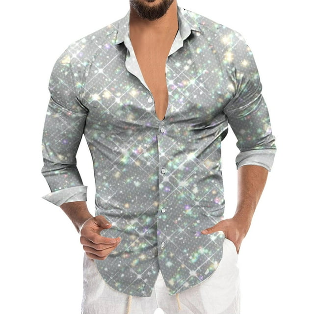 SHIXIAOO Chemise à Manches Longues Imprimée 3D Numérique à Paillettes pour Hommes, Col à Revers, Boutons, Ajustée, avec Poche, pour le Travail