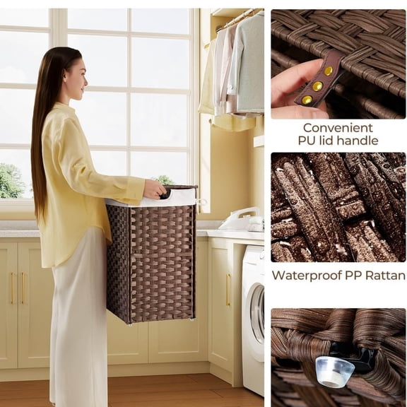 Laundry Hamper with lid, No Install Needed, 110L Wicker Laundry Baskets Foldable 2 Removable Liner Bags, 2 Section Clothes Hamper Handwoven Rattan Laundry Basket with Handles, Brown