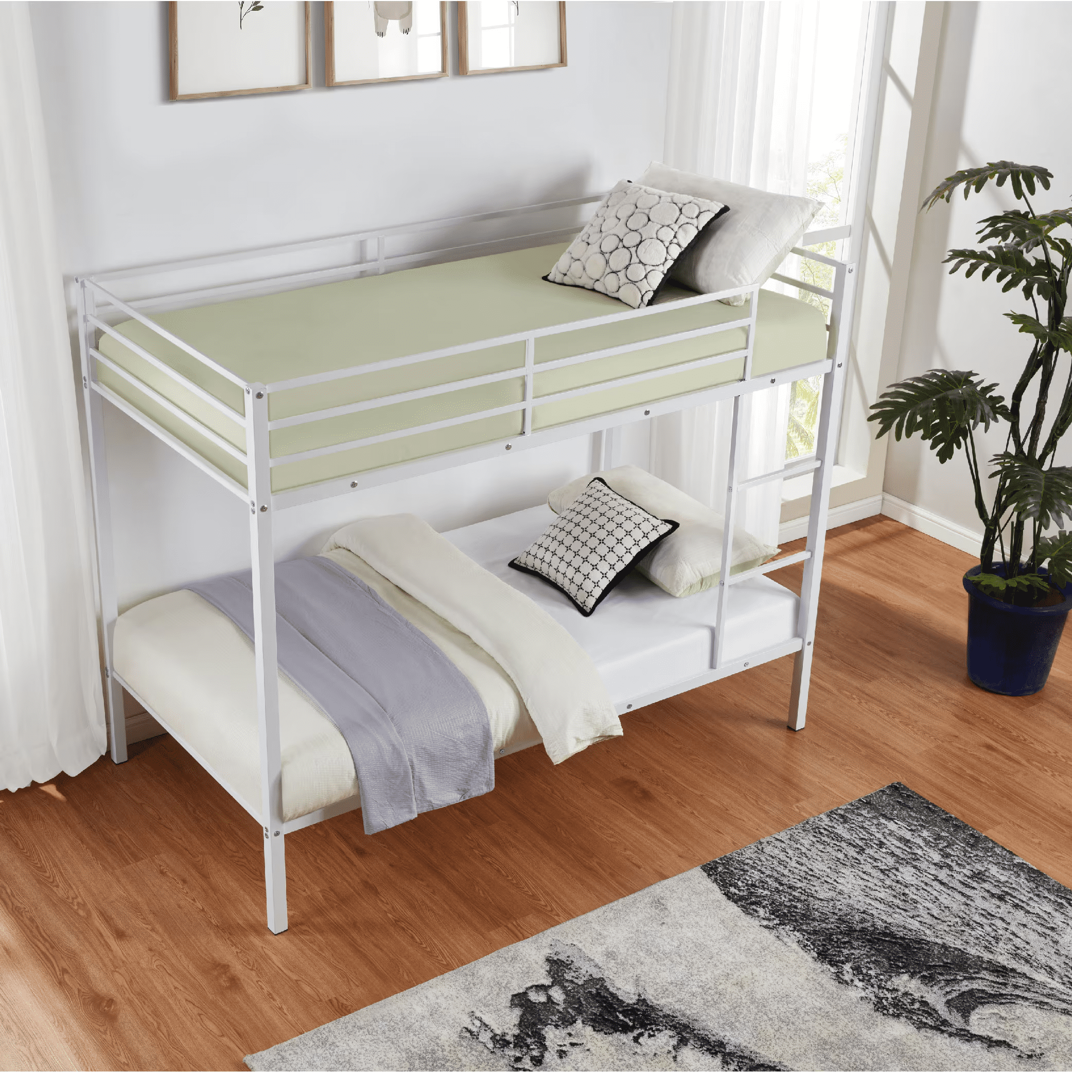 MAYEERTY Twin Size Metal Bunk Bed, Low Profile Bed Frame with Built-in Ladder, High Guardrail, Space-Saving for Kids, No Box Spring Required, White