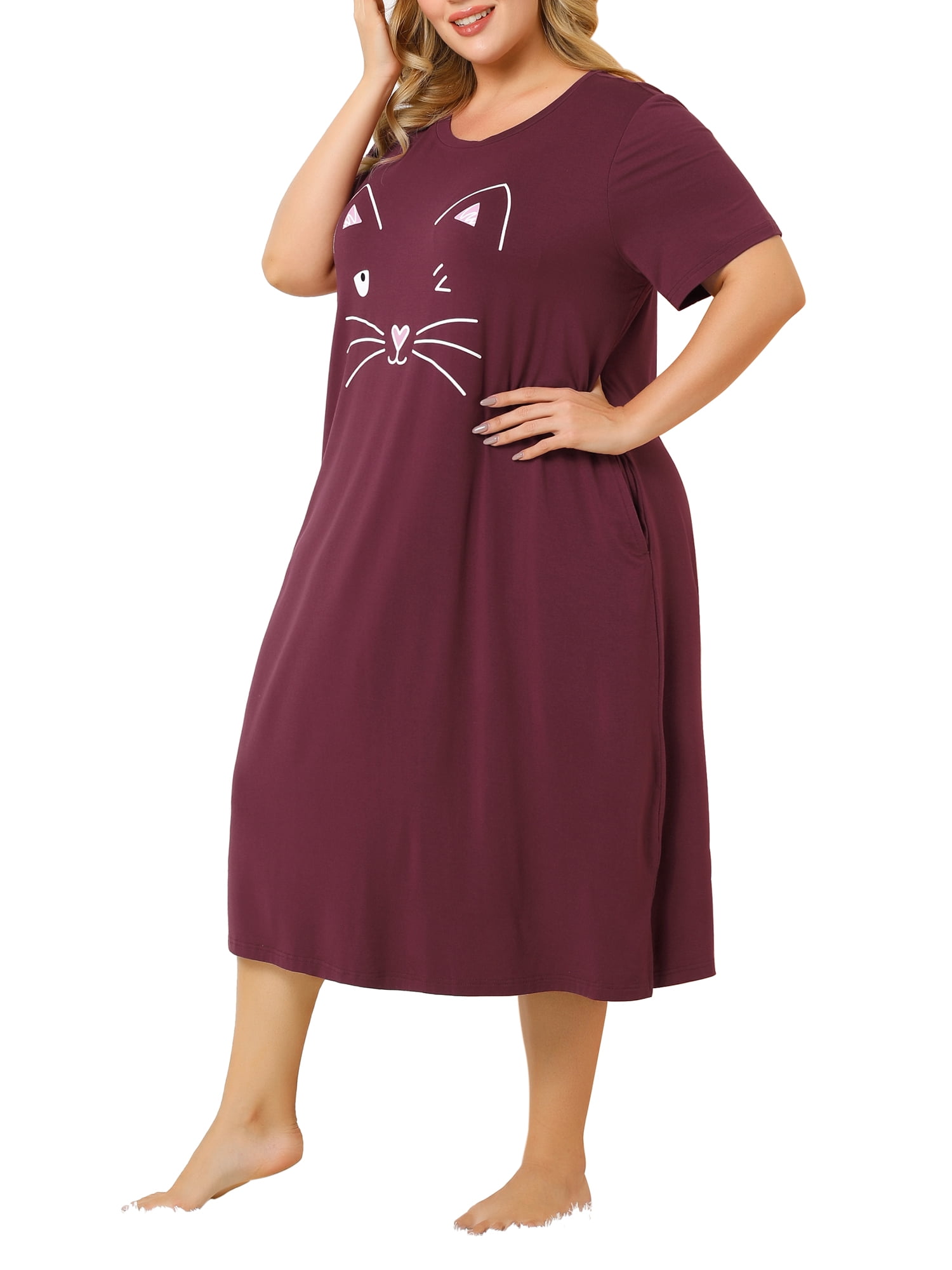 Unique Bargains Women's Plus Nightgown Short Sleeve Cat Print Nightshirt
