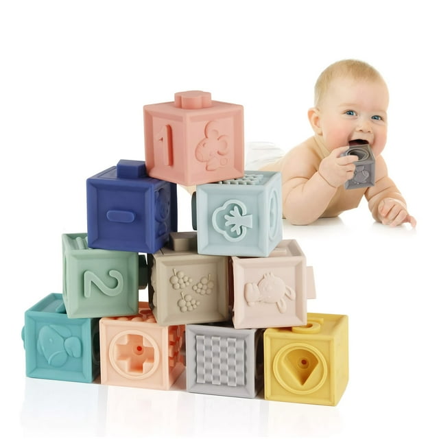 12 PC Baby Blocks Soft Building Blocks Teether Toy with Numbers, Shapes, Animal Shapes
