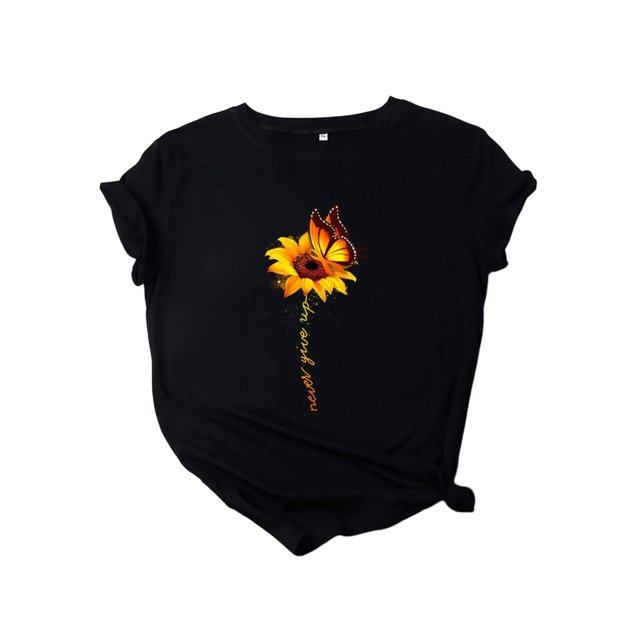 Innerwin T-Shirt Papillon Imprimé Lettres pour Femmes Manches Courtes Basiques Noir 3TG