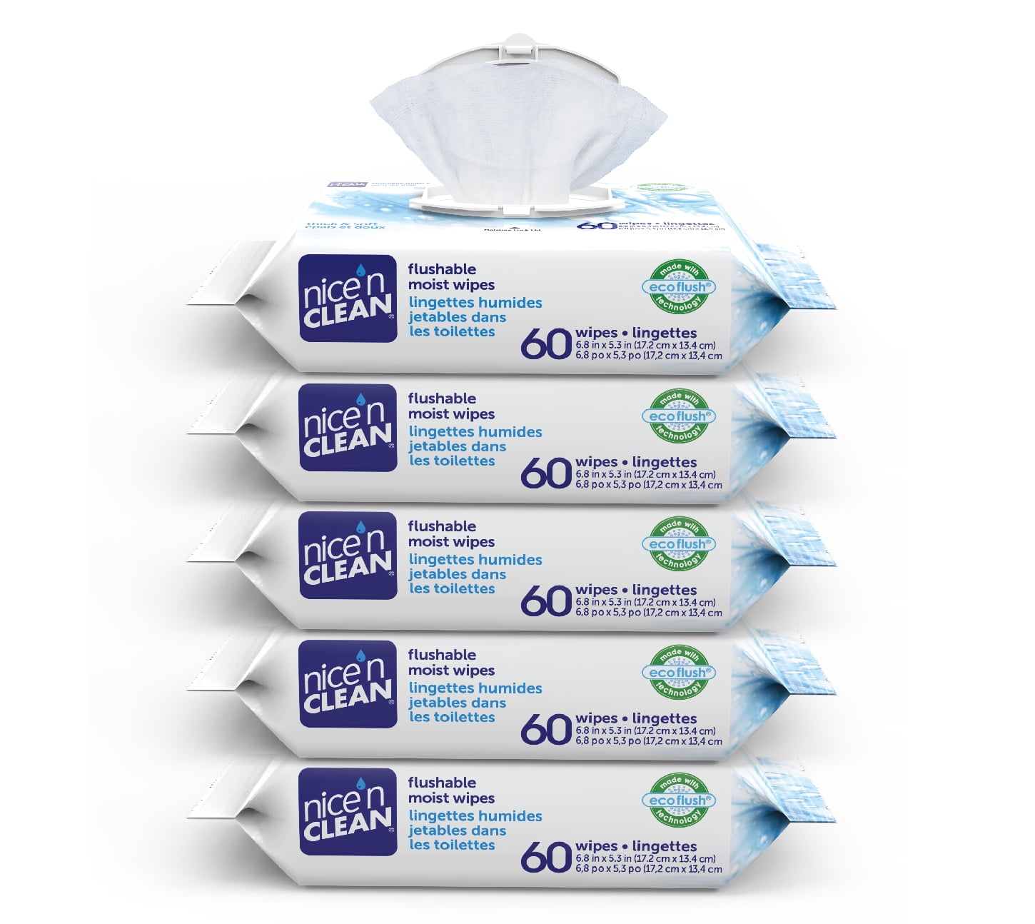 Nice n Clean Flushable Wipes, 5 packs of 60 wipes, 300 wipes total