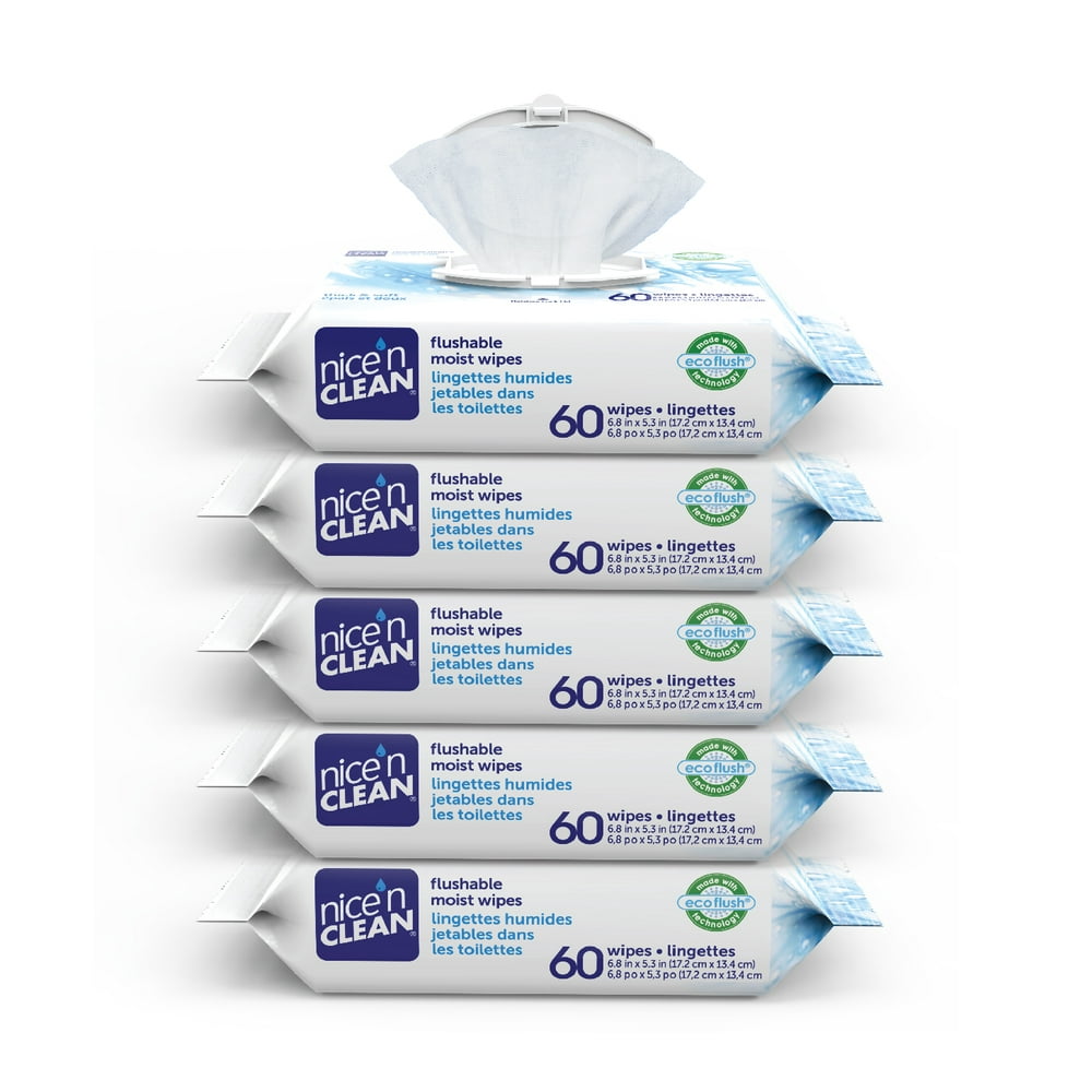 Nice n Clean Flushable Wet Wipes, 5 Packs of 60 Wipes, 300 Total Wipes