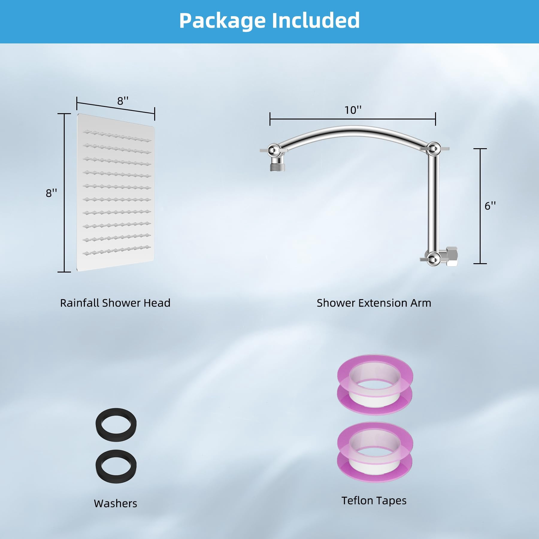 All Metal Rain Shower Head  8'' High Rainfall Square Showerhead With 16" Extension Arm Solid Brass Adjustable Extender Waterfall Fixed Showerheads Chrome