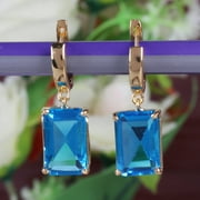 GEMHUB Emerald-Cut Blue Topaz Drop Earrings, 7.20 Gram Solid 925 Silver Gold Finish Earrings, Gemstone Earrings Jewelry