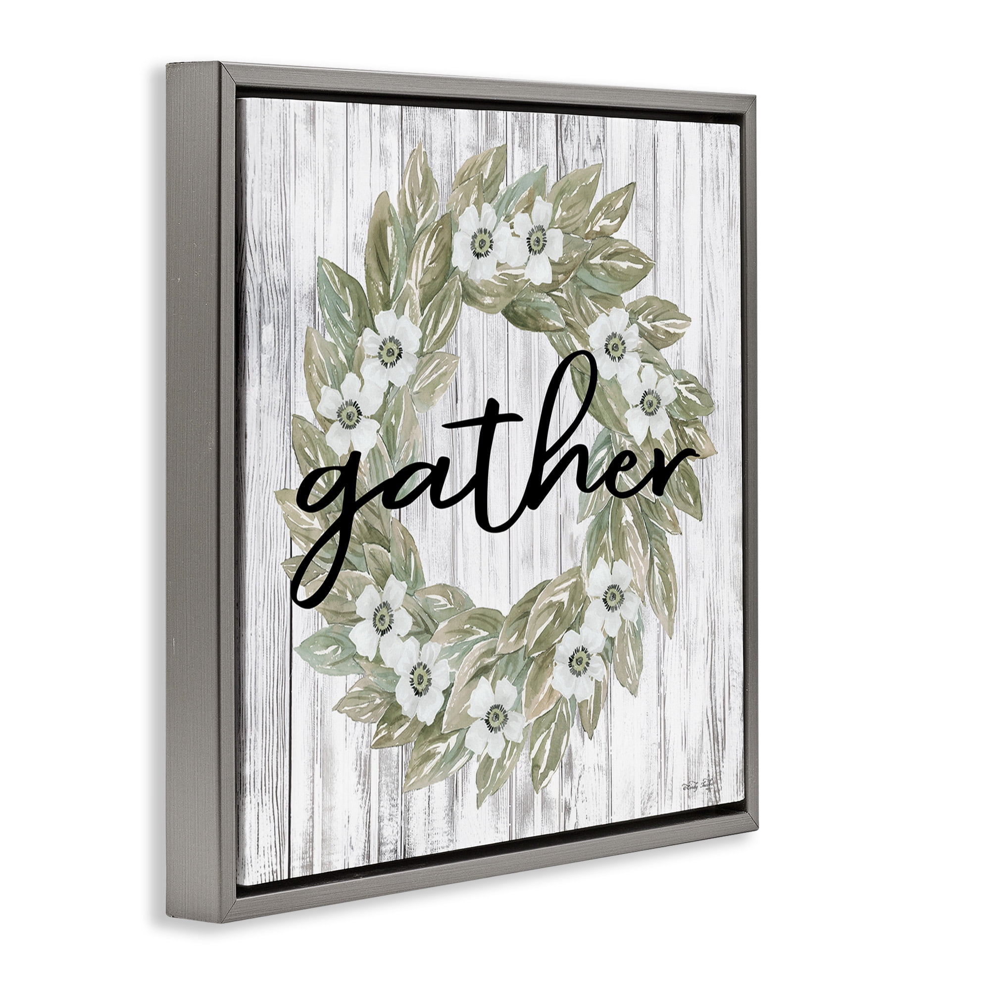 Stupell Industries Gather Greenery Wreath Typography Painting Gray Floater Framed Canvas Art Print Wall Art, 25 x 25