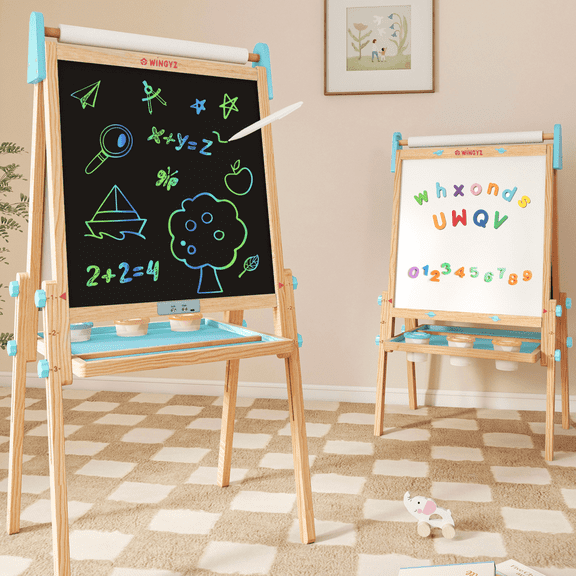Kids Easel with Doodle Tablets Paper Roll - Adjustable Magnetic Double Sided Whiteboard Drawing Board, Wooden Children Art Stand for 3~12 Years
