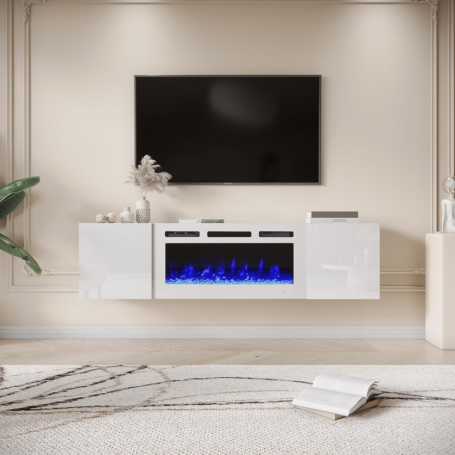 MELLCOM 70'' Floating Fireplace TV Stand with 36'' Electric Fireplace, Entertainment Center with 12 Color Led Lights, TV Console for TVs up to 80'' for Living Room, White