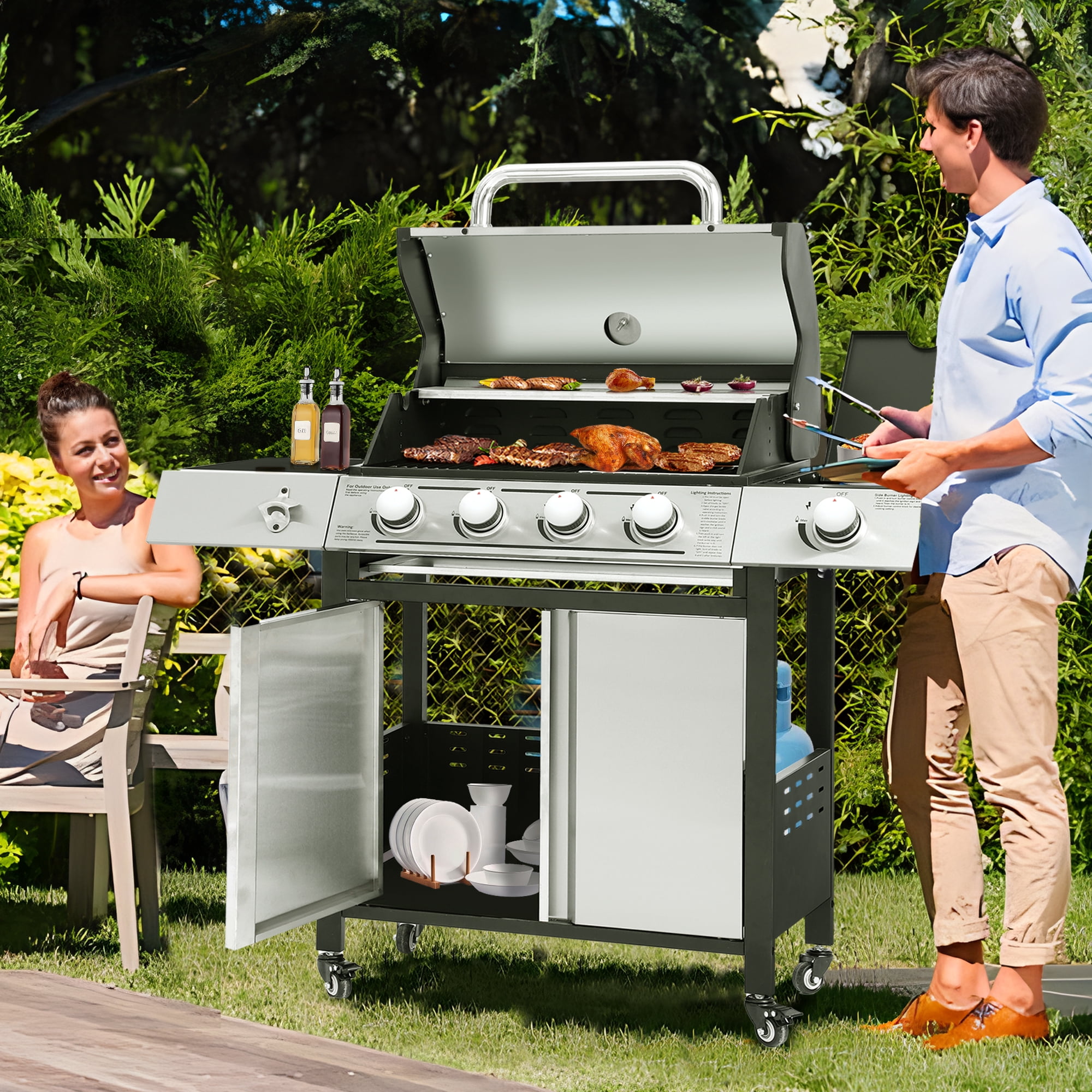 MAGIC UNION 4-Burner Propane Gas BBQ Grill High-Strength Stainless Steel with Side Burner, Portable 50,000 BTU Barbecue Grills with 4 Wheels and 449 SQ.IN. Cooking Area for Outdoor Cooking and Backyar