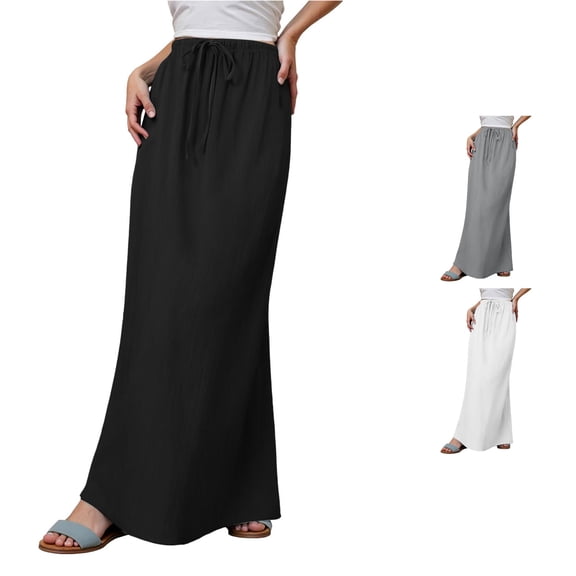 Wxolcjlv Womens Solid Drawstring Maxi Skirt Elastic Waist Minimalist Feature Everyday Skirts