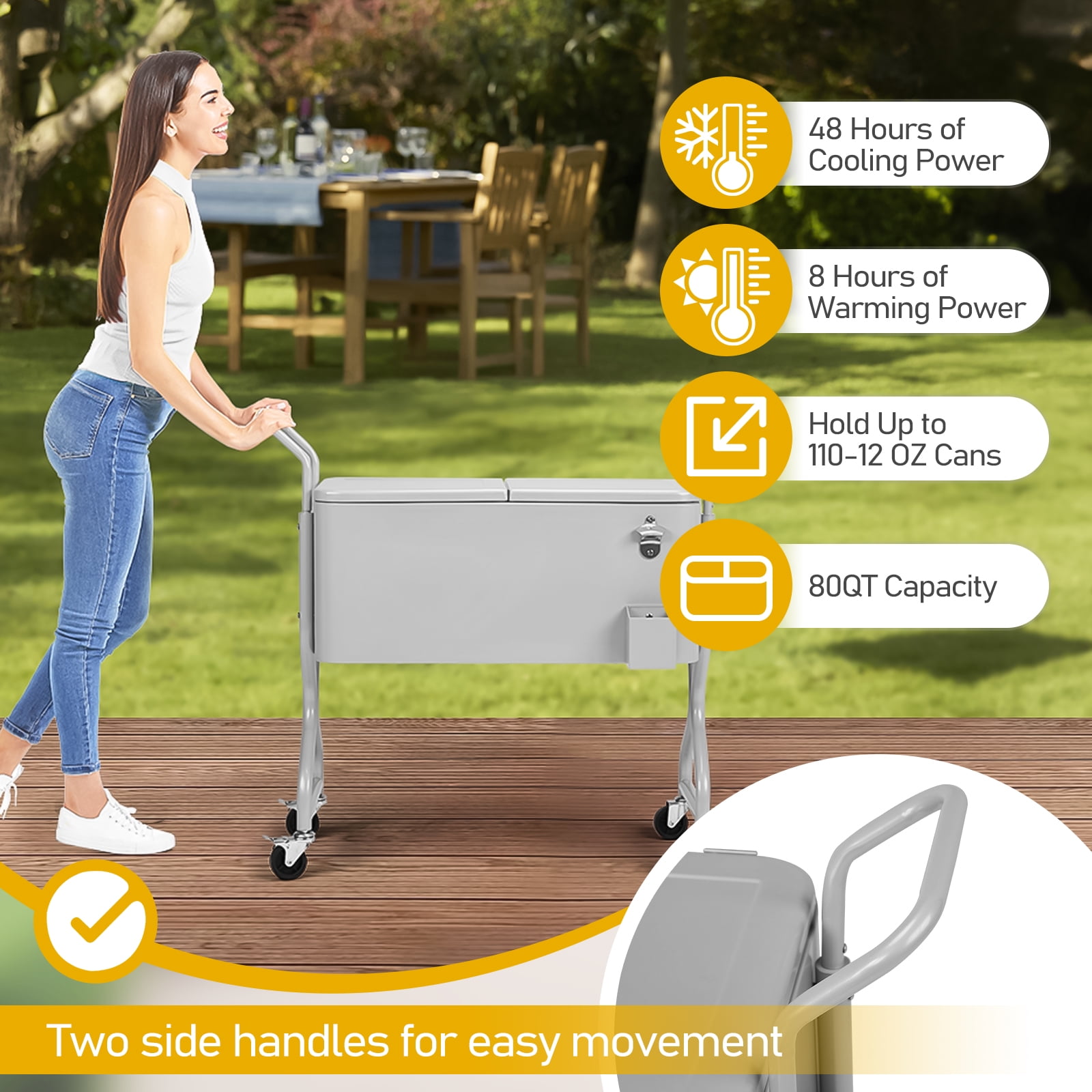 80-Quart Outdoor Beverage Rolling Cooler for Backyard Deck Patio with Wheels