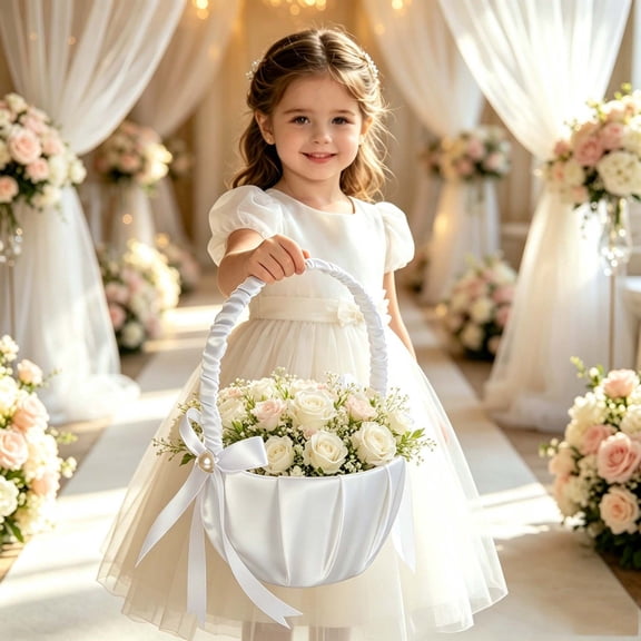 Apeya Flower Girl Basket White Satin Bowknot Pearl Wedding Basket with Handle for Flowers Bridal Shower Ceremony and Special Event Decorations