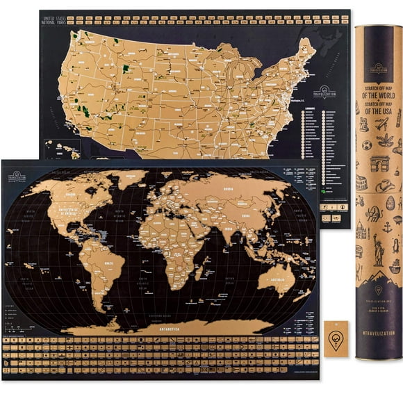 Two Scratch Off Travel Maps - World & United States National Parks - Large 24x17 Quality Laminated Poster Paper - World & USA Wall Posters w/Flags, Art Coloring Pages & Scratch Tool - Traveler Gift