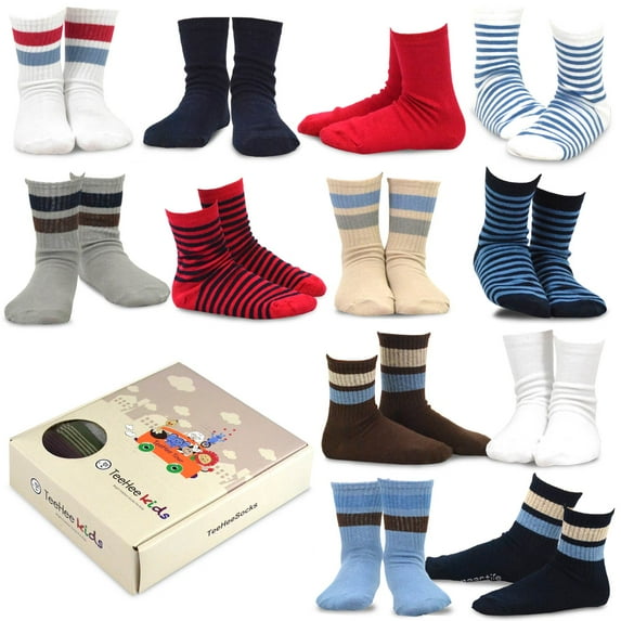TeeHee Kids Boys Cotton Basic Crew Socks 12 Pair Pack (9-10 Years, Bright Stripe)