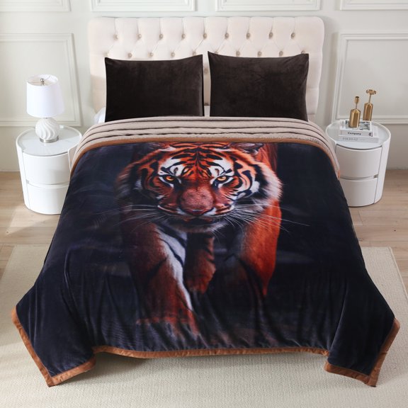 NC Faux Fur & Warm Fleece Blanket King Size 85"x93", A & B Printed Patterns 3-Ply Heavy Thick Microfiber Plush Blanket 8.5LB, Tiger & Brown