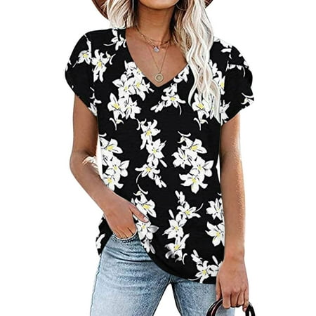 

Women s Casual Tops V Neck Summer Petal Sleeve T-Shirts Short Sleeves Blouse Loose Cropped T Shirts for Women Black S