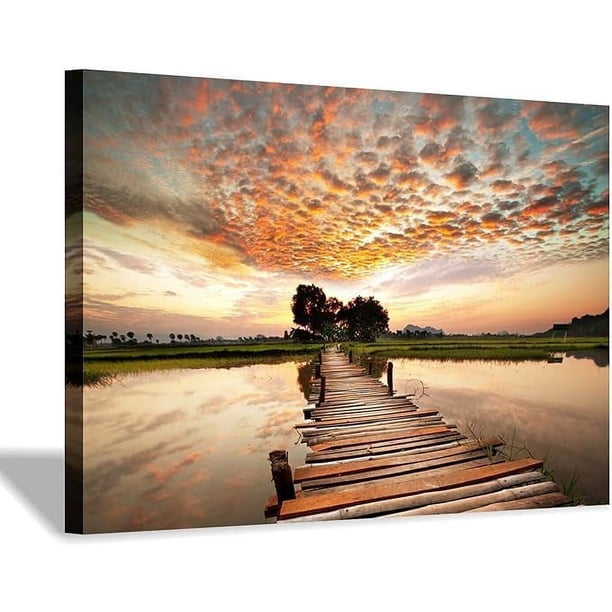 Arte mural en lienzo con puente y lago al atardecer, decoración paisajística para sala