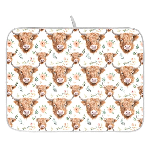 Dish Drying Mat for Kitchen Counter 16x18/18x24 Watercolor Floral Highland Cows Absorbent Coffee Bar Mat Dish Drainer Rack Mat for Kitchen Counter