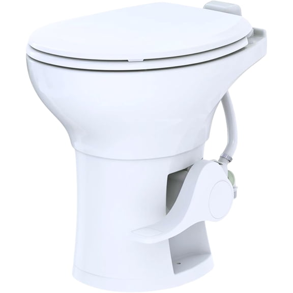 SEAFLO Residential Height Camper/RV Toilet with Elongated Ceramic Bowl, 19” Standard Height, Gravity Flush System, Foot Pedal Operation, Soft Close Seat, 4-Year Warranty