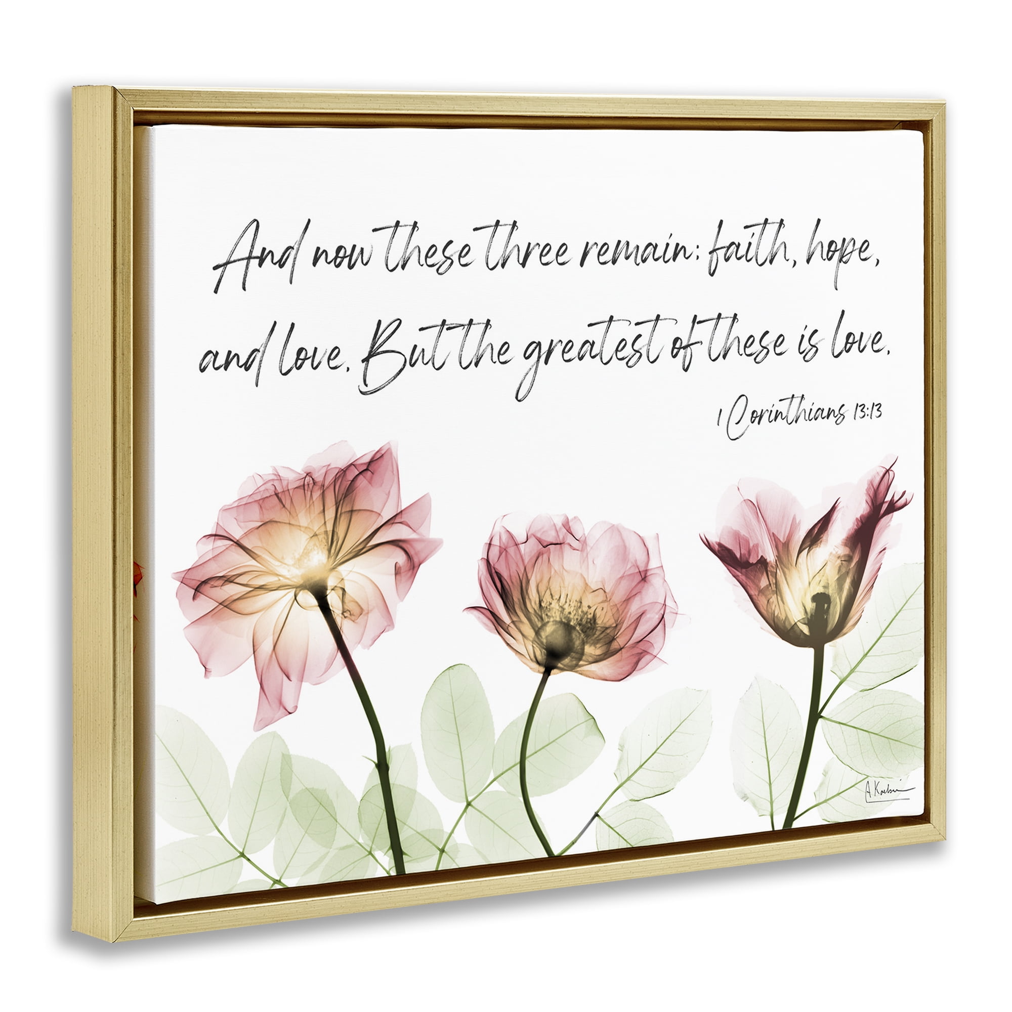 Stupell Industries Faith Hope Love Floral Religious Painting Gold Floater Framed Art Print Wall Art, 21 x 17