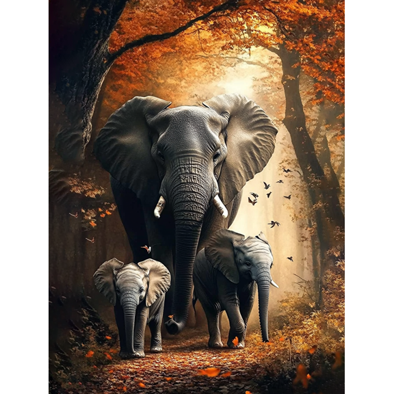 Elephant Family Autumn Forest Canvas Wall Art， Suitable for Living Room， Bedroom， Office， Dining Room， and Gallery Wall Decor