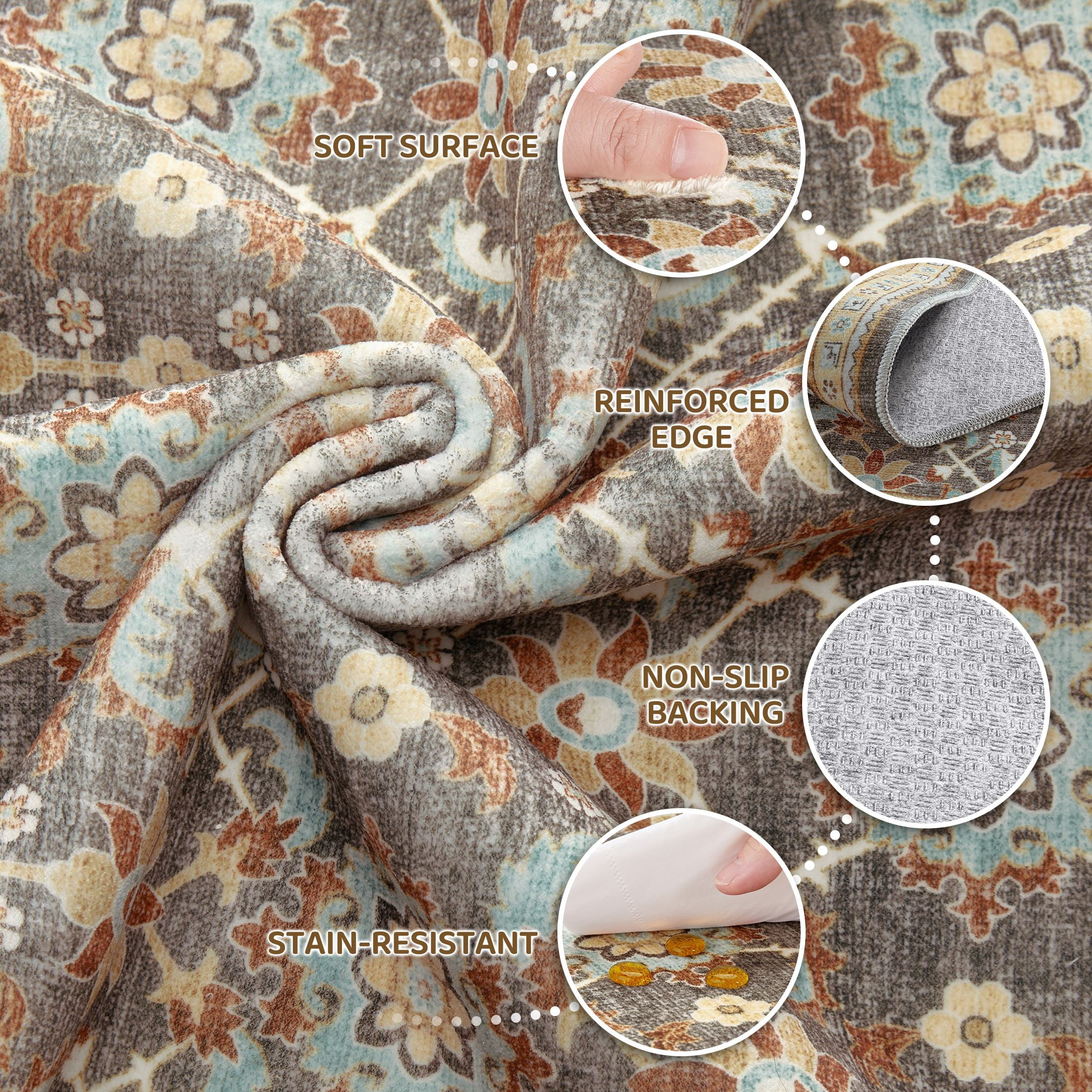 UERMEI 5'x7' Washable Area Rugs for Living Room, Vacuum Friendly, Non-Silp Low-Pile Rug for Bedroom, Boho Home Decor Carpets, Brown