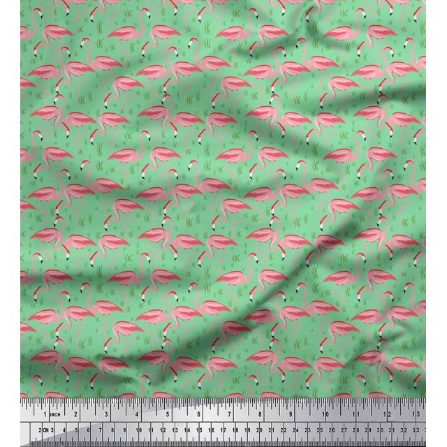 Soimoi Rayon Crepe Fabric Grass & Flamingo Bird Print Sewing Fabric Yard 46 Inch Wide