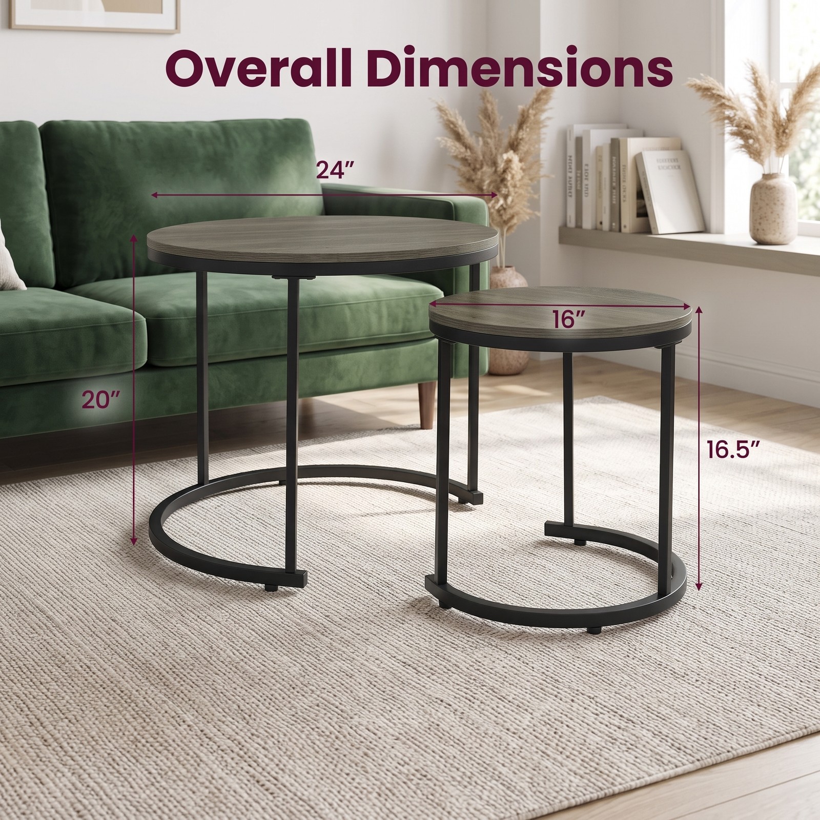 Furnibear Set of 2 Modern Round Nesting Coffee Tables, Stackable Space-Saving Side End Tables with Powder-Coated Steel Frame for Living Room Bedroom, Oak