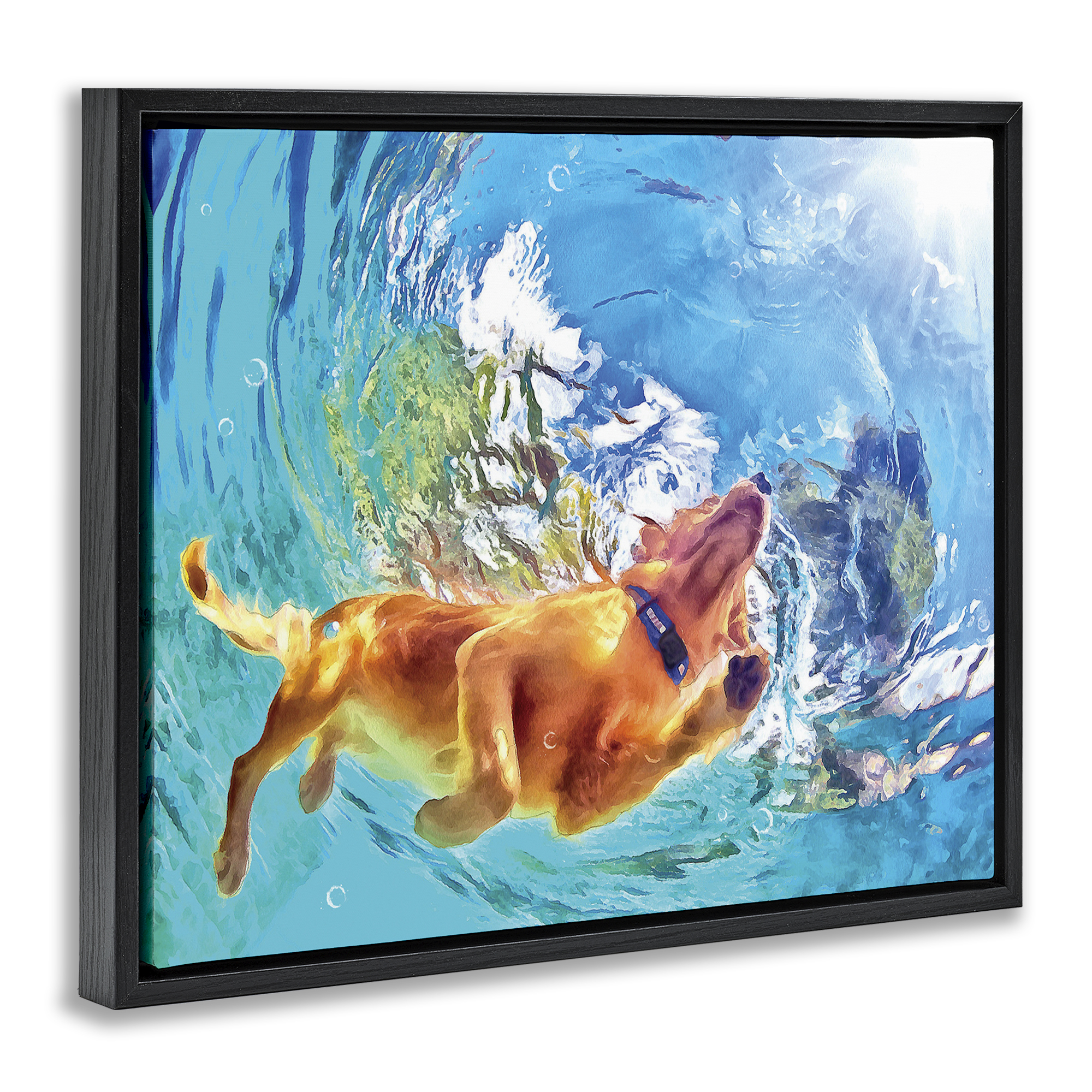 Stupell Industries Underwater Swimming Dog Animals & Insects Painting Black Floater Framed Canvas Art Print Wall Art, 21 x 17