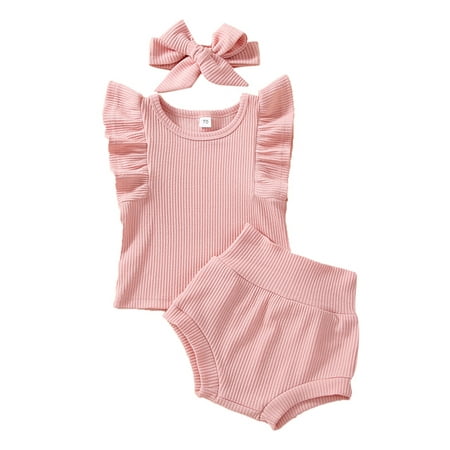 

Biekopu 3Pcs Baby Summer Outfit Solid Color Flying Sleeve Tops + Shorts + Hairband Set for Toddlers 0-24 Months