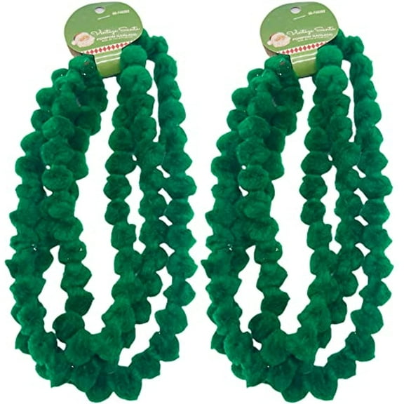 Pom Pom Garland Decoration for Christmas Tree, Mantle, Banister, Crafts, Table - 7 Feet Each (Set of 2) (Green)