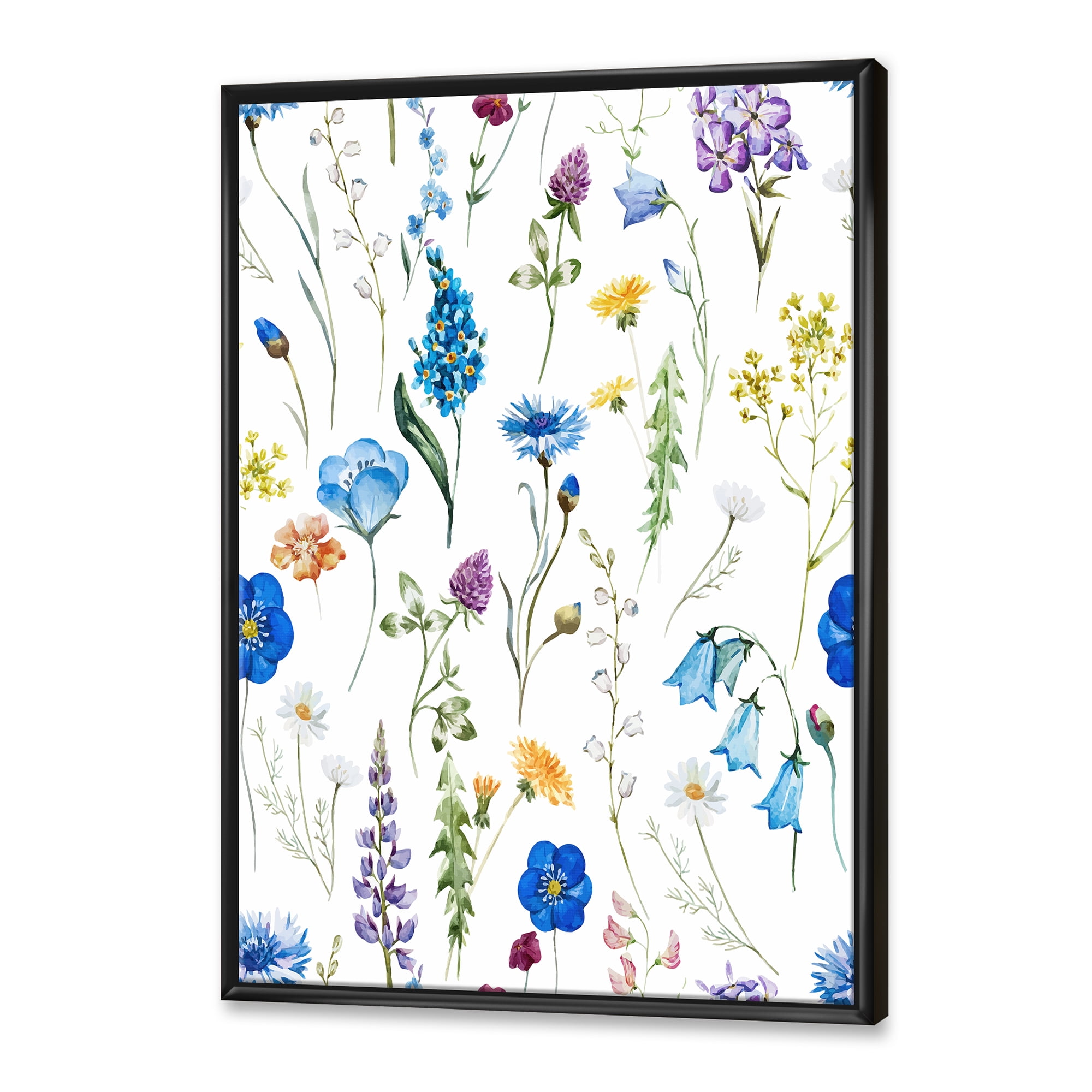 Designart 'Blue Wildflowers With Leaves I' Traditional Framed Canvas Wall Art Print