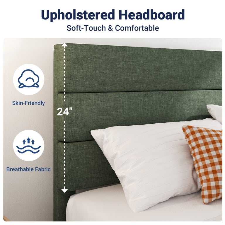 Allewie King Platform Bed Frame, Green Chenille Headboard photo 6