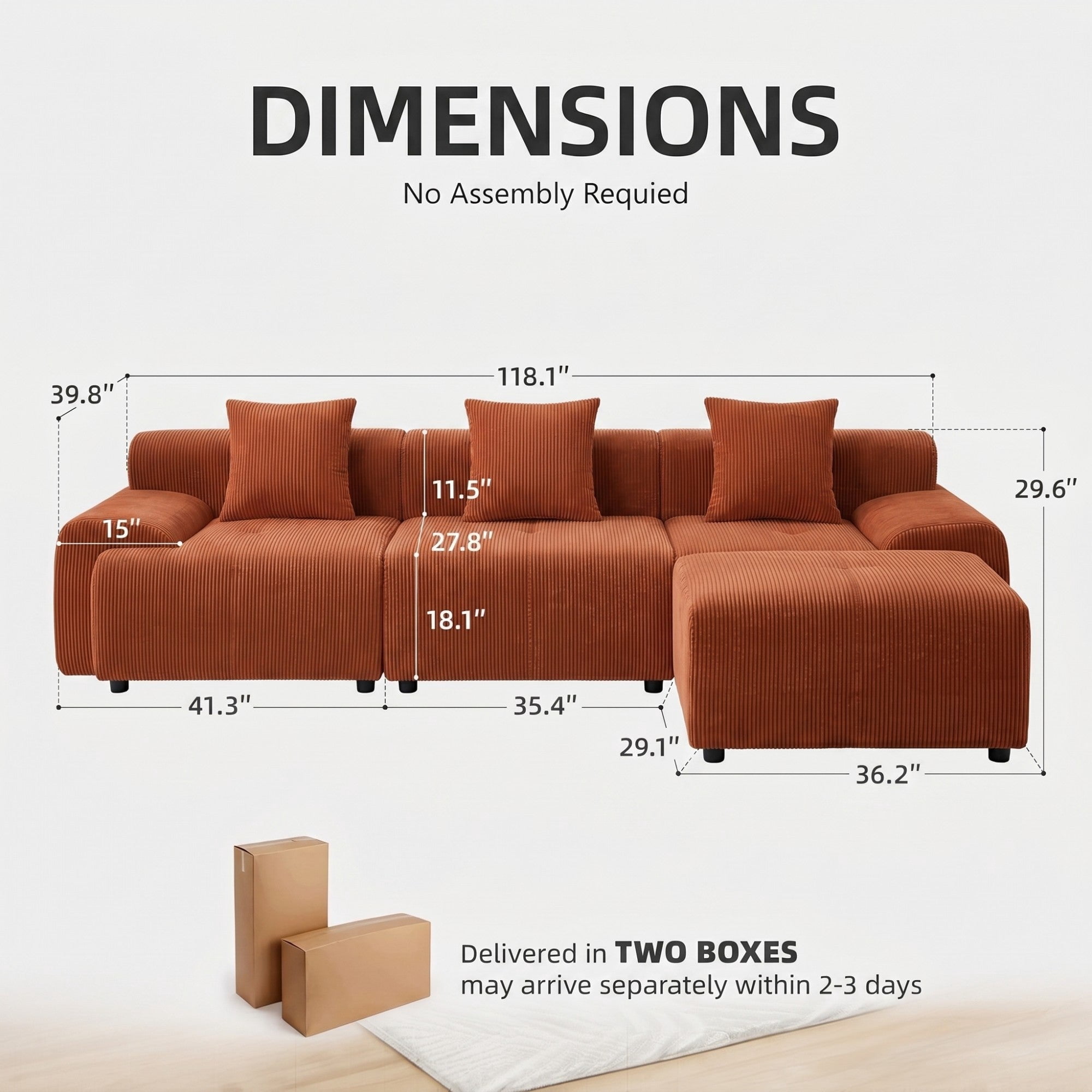 Sailvan 118"" Modern L-Shaped Modular Sectional Sofa, Corduroy Boneless Cloud Couch with Deep Seat and Moveable Ottoman, No Assembly Required