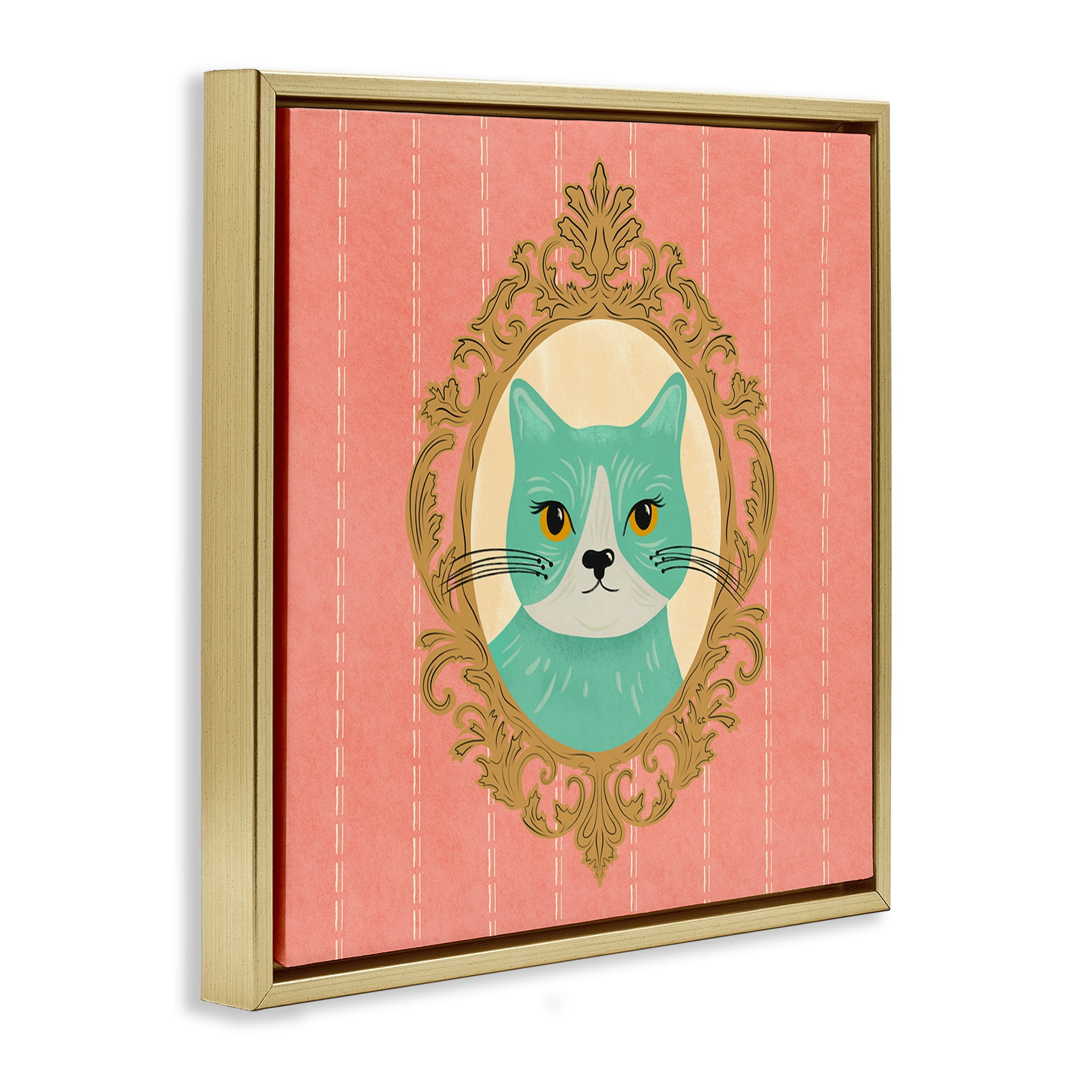 Stupell Industries Green Cat Portrait Animals Painting Gold Floater Framed Canvas Art Print Wall Art, 18 x 18