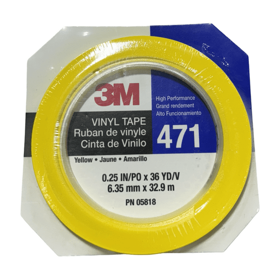 3M Vinyl Tape 471, Yellow, 1/4 in x 36 yd, 5.2 mil, 144 rolls per case