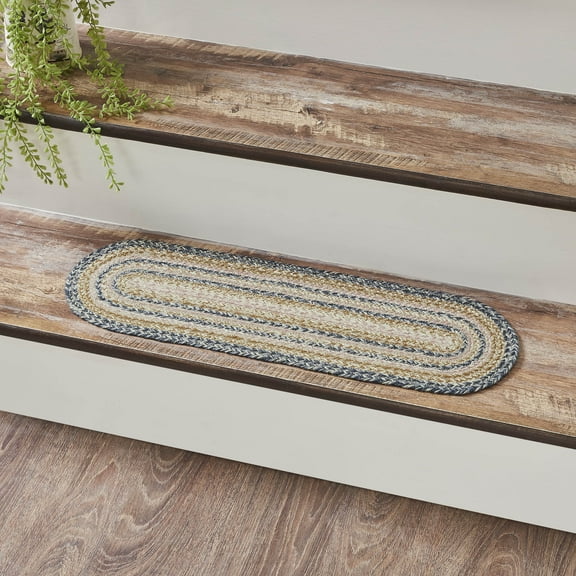 VHC Brands Kaila Farmhouse 8.5"x27" Stair Tread Blue Textured Jute Striped Latex Backing Oval Floor Decor