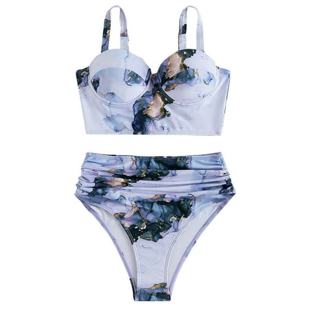 

Plus Size Bathing Suits Halter Front Swimwear Push Ruched Swimsuit Print Up High Two Piece Tops+Shorts Women Halter Wrap Bikini Retro Piece Vintage Waist Crop Two Swimwears Tankinis Set